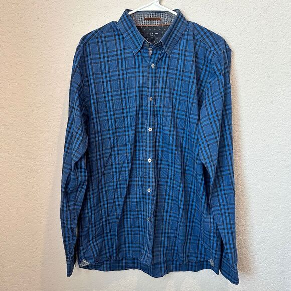 Mens Ted Baker Blue Plaid 100% Cotton Button Front Shirt - Size L (4) - EUC - Picture 1 of 6